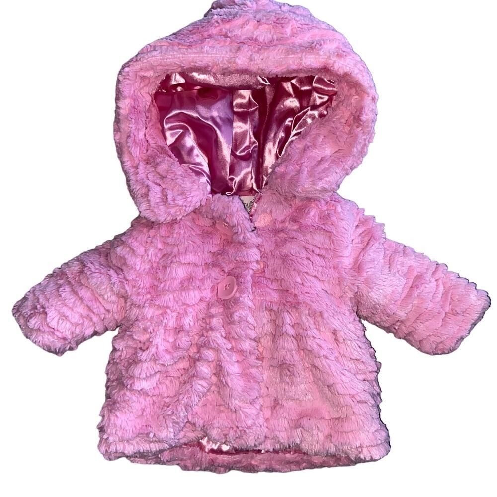Infant Baby Girl Pistachio Pink Faux Fur Coat With Hood 9M !